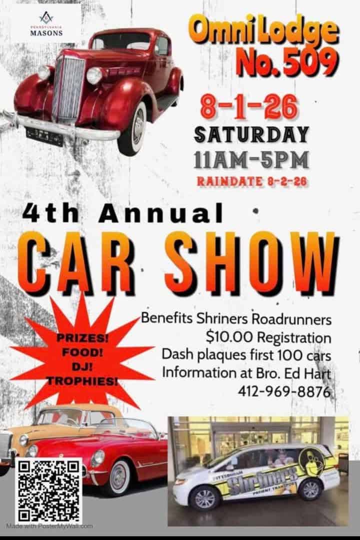 Omni Lodge 509 4th Annual Car Show event at Omni Lodge No. 509 in Dravosburg, PA on August 1, 2026