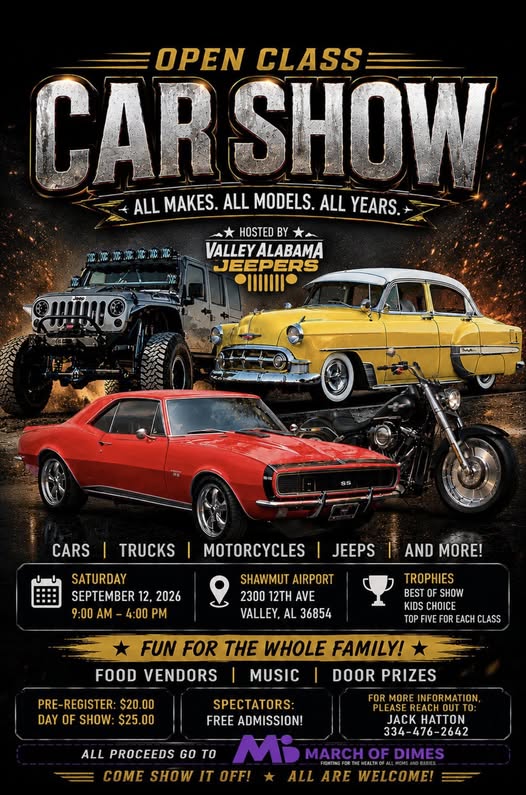 Open Class Car Show Hosted By Valley Alabama Jeepers event at Shawmut Airport in Valley, AL on September 12, 2026