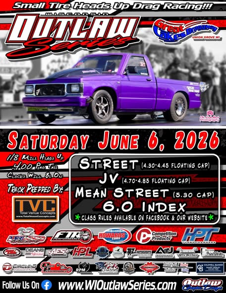 Outlaw Series event at Great Lakes Dragaway in Union Grove, WI on June 6, 2026