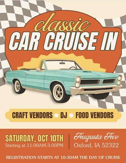 Oxford Car Cruise In event at 120 Center St in Oxford, IA on October 10, 2026