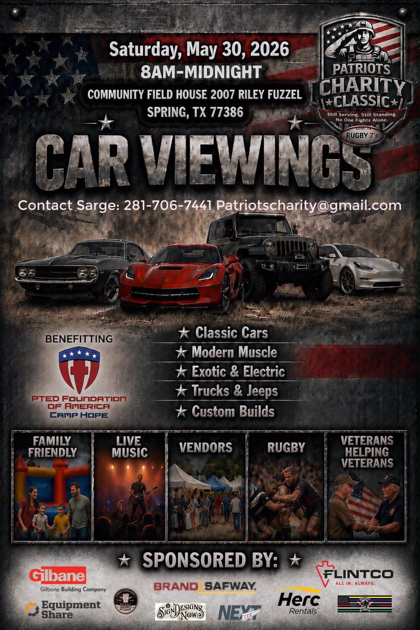 Patriots Charity Classic Car Viewings event at Community Field House in Spring, TX on May 30, 2026