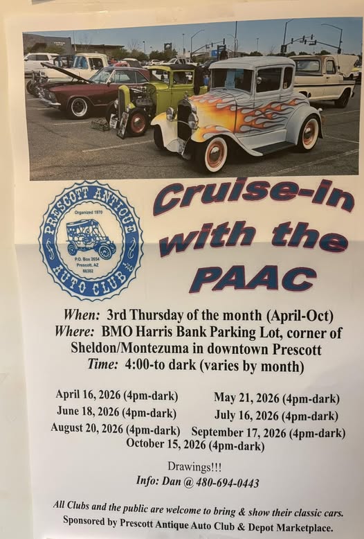 Prescott Antique Auto Club Cruise-In With The PAAC event at BMO Harris Bank Parking Lot in Prescott, AZ on June 18, 2026
