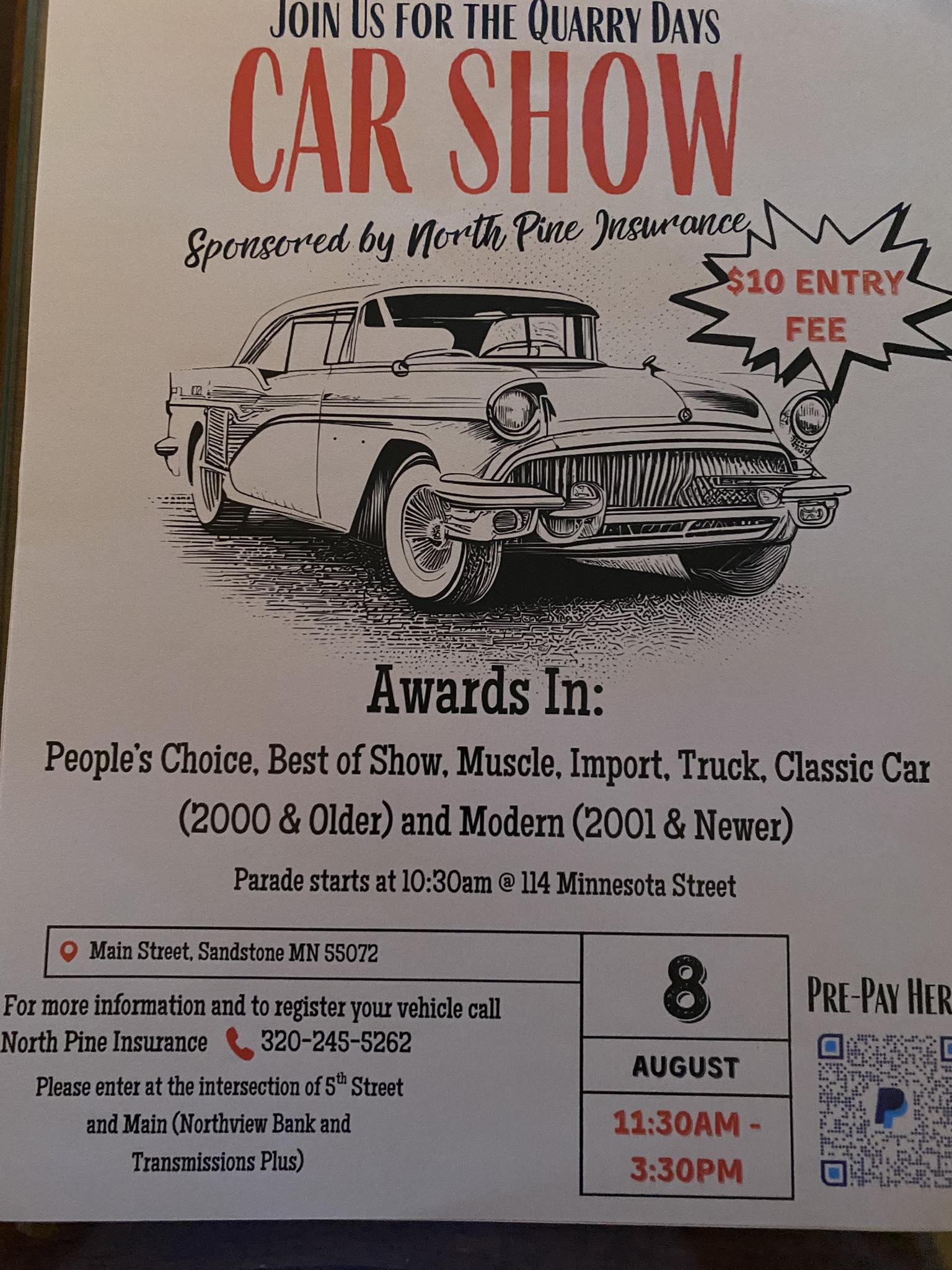 Quarry Days Car Show Sponsored By North Pine Insurance event at Main Street in Sandstone, MN on August 8, 2026