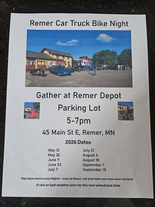 Remer Car Truck Bike Night event at Remer Depot in Remer, MN on May 12, 2026