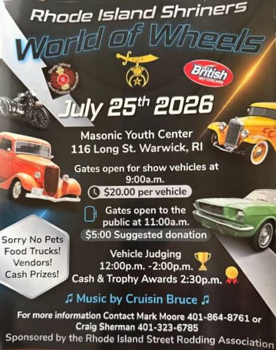 Rhode Island Shriners World of Wheels event at Masonic Youth Center in Warwick, RI on July 25, 2026