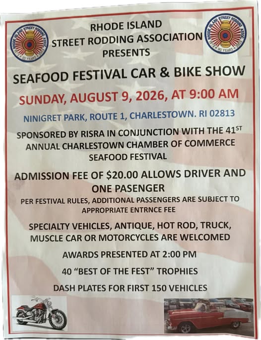 Rhode Island Street Rodding Association Seafood Festival Car & Bike Show event at Ninigret Park in Charlestown, RI on August 9, 2026