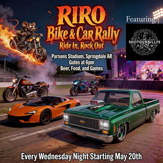 RIRO Bike & Car Rally Ride In, Rock Out event at Parsons Stadium in Springdale, AR on May 20, 2026