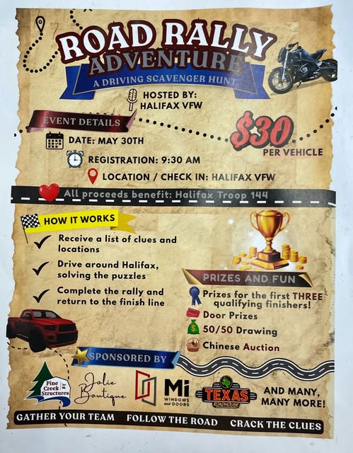 Road Rally Adventure event at Halifax VFW in Halifax, PA on May 30, 2026