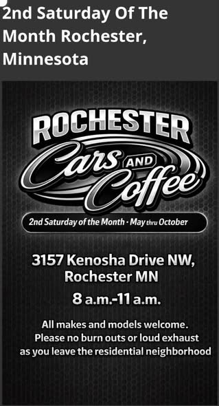 Rochester Cars And Coffee event at 3157 Kenosha Drive NW in Rochester, MN on May 14, 2026
