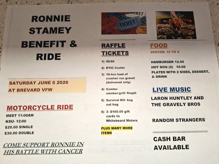 Ronnie Stamey Benefit & Ride event at Brevard VFW in Brevard, NC on June 6, 2026
