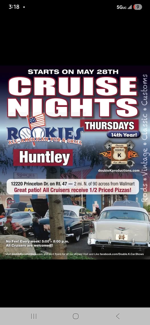 Rookies' Cruise Nights event at Rookies' All-American Pub & Grill in Huntley, IL on May 28, 2026