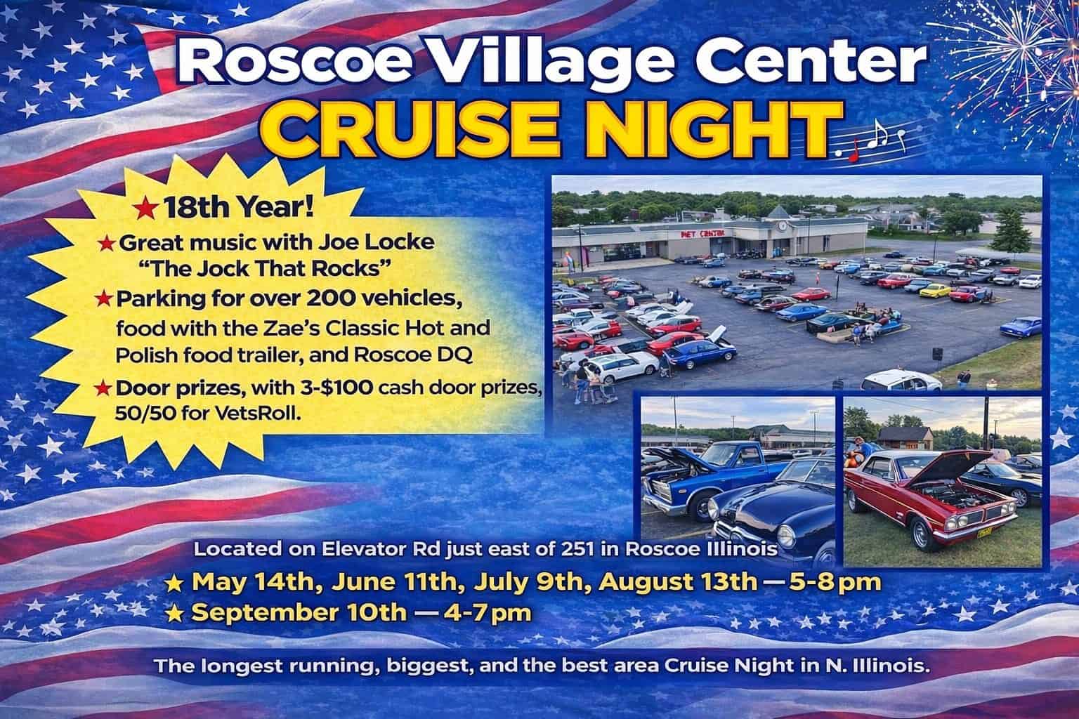 Roscoe Village Center Cruise Night event at Roscoe Village Center in Roscoe, IL on May 14, 2026