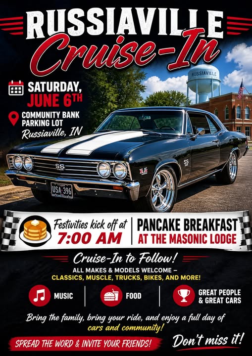 Russiaville Cruise-In event at Community Bank Parking Lot in Russiaville, IN on June 6, 2026
