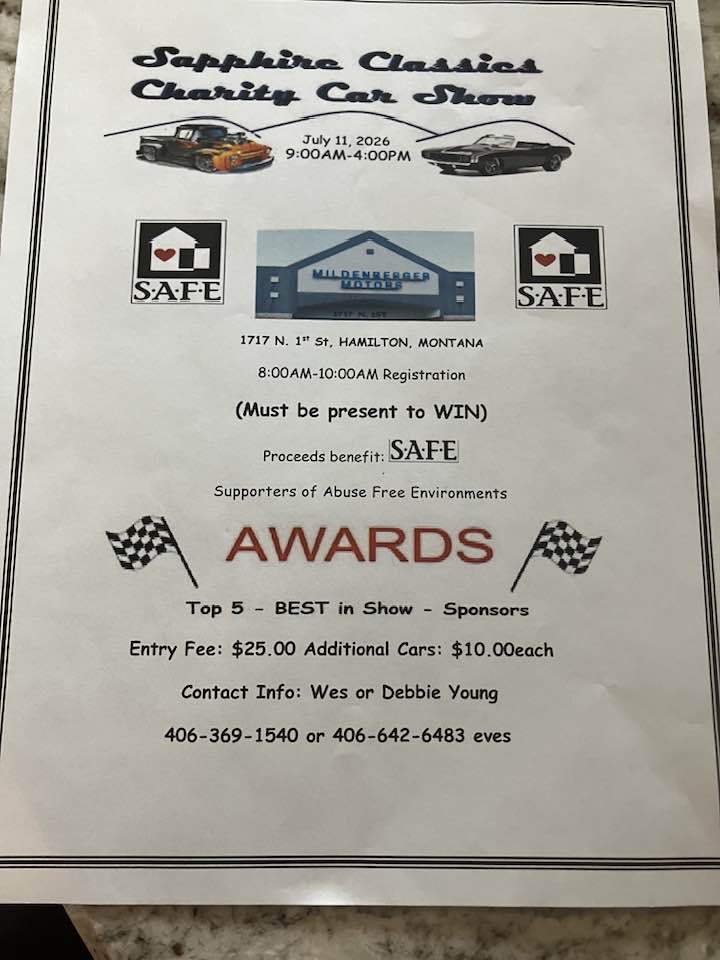 Sapphire Classics Charity Car Show event at Mildenberger Motors in Hamilton, MT on July 11, 2026