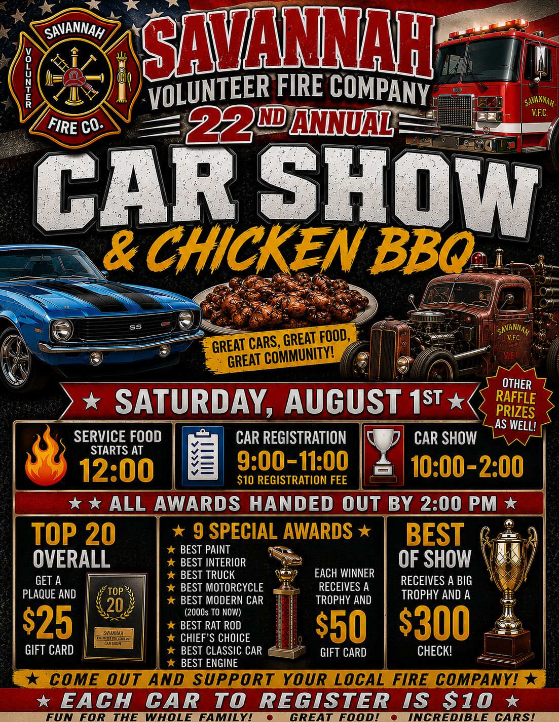 Savannah Volunteer Fire Company 22nd Annual Car Show & Chicken BBQ event at Savannah Volunteer Fire Company in Savannah, OH on August 1, 2026