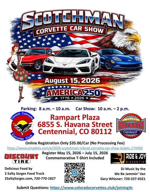 Scotchman Corvette Car Show event at Rampart Plaza in Centennial, CO on August 15, 2026