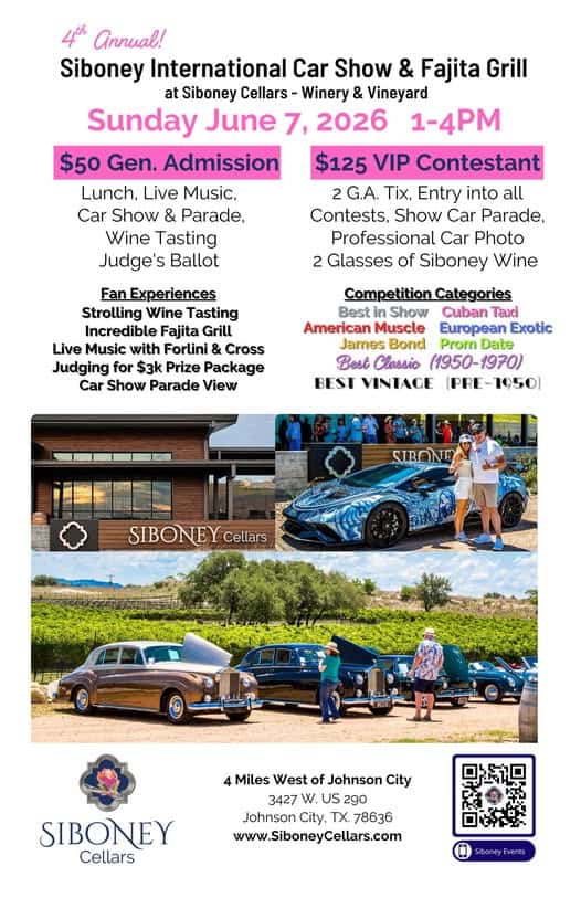 Siboney International Car Show & Fajita Grill! event at 3427 Us-290 in Johnson City, TX on June 7, 2026
