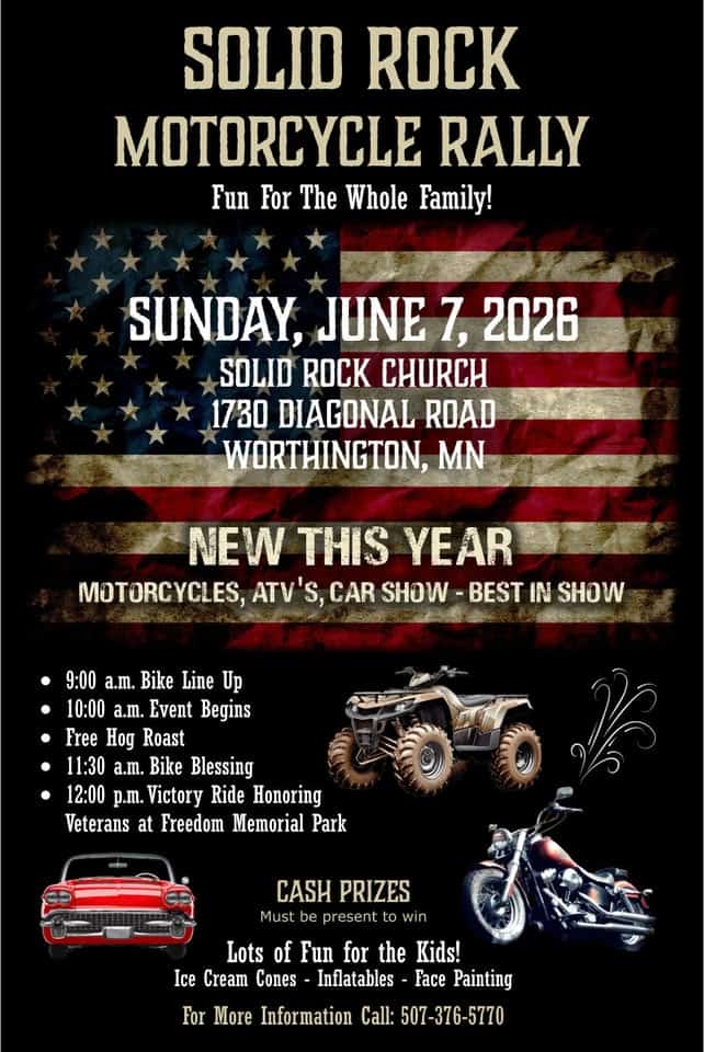 Solid Rock Motorcycle Rally - Car Show & ATV's - 2026 event at 1730 Diagonal Rd in Worthington, MN on June 7, 2026