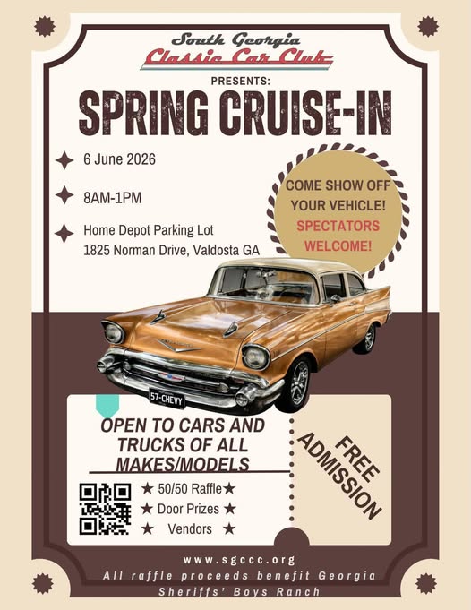 South Georgia Classic Car Club Presents Spring Cruise-In event at Home Depot Parking Lot in Valdosta, GA on June 6, 2026