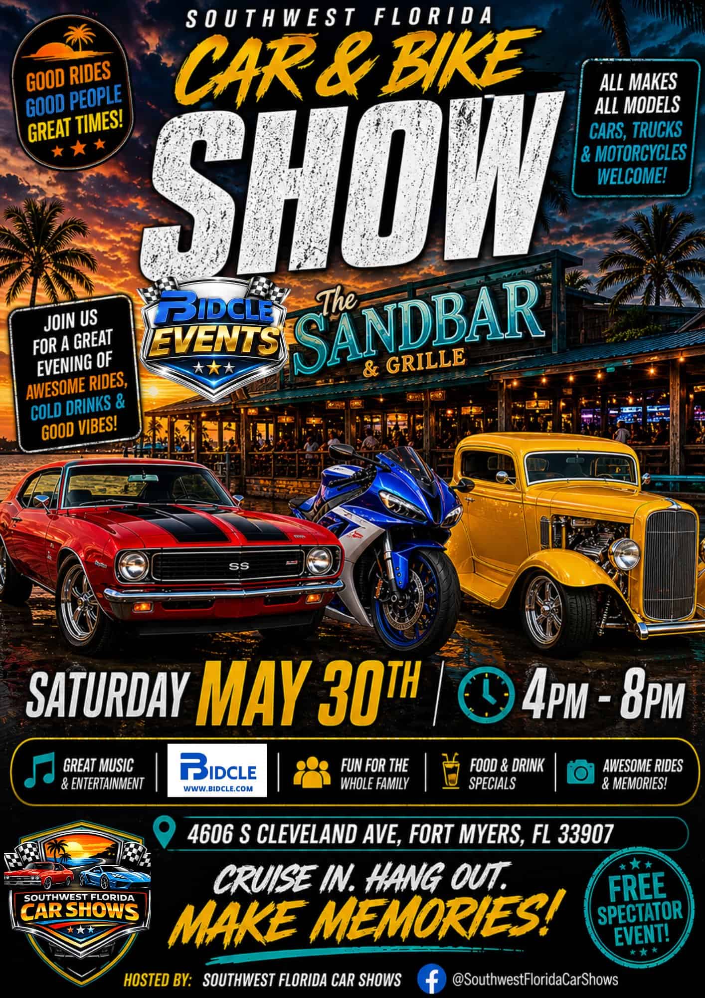 Southwest Florida Car & Bike Show event at The Sandbar & Grille in Fort Myers, FL on May 30, 2026
