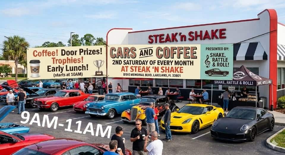Steak 'n Shake Rattle & Roll Cars & Coffee event at 819 E Memorial Blvd in Lakeland, FL on June 13, 2026