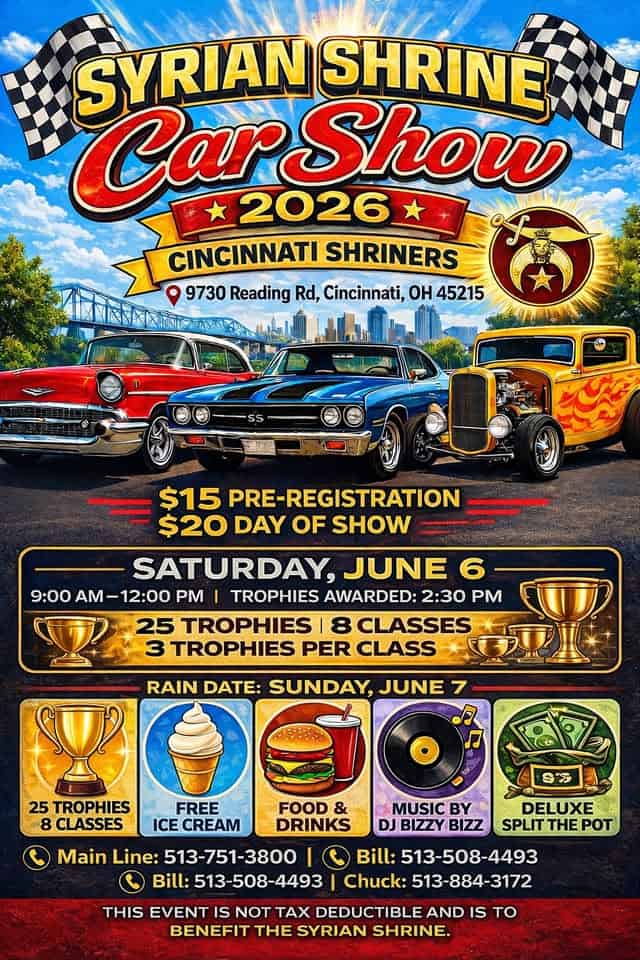 Syrian Shrine Car Show event at 9730 Reading Rd in Cincinnati, OH on June 6, 2026