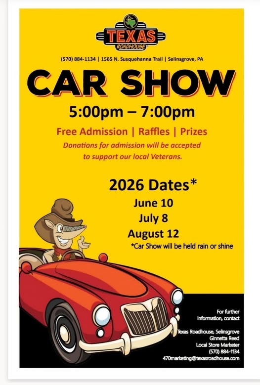 Texas Roadhouse Car Show event at Texas Roadhouse in Selinsgrove, PA on June 10, 2026