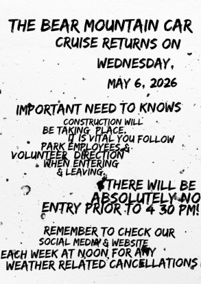 The Bear Mountain Car Cruise event at Bear Mountain State Park in Tomkins Cove, NY on May 6, 2026