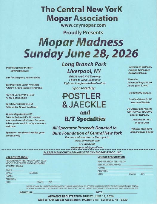 The Central New York MOPAR Association Proudly Presents MOPAR Madness event at Long Branch Park in Liverpool, NY on June 28, 2026