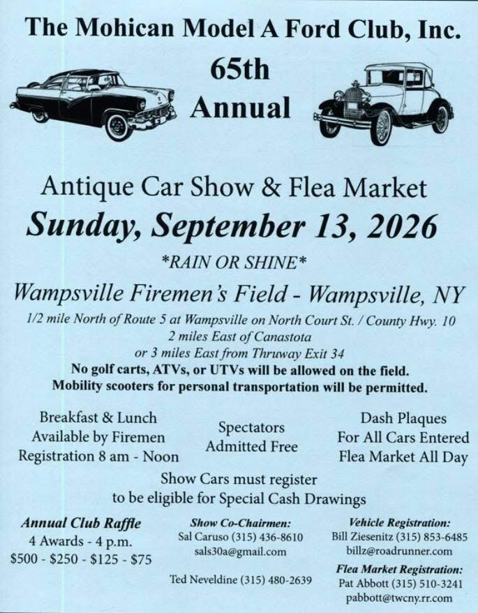 The Mohican Model a FORD Club, Inc. 65th Annual Antique Car Show & Flea Market event at Wampsville Firemen's Field in Wampsville, NY on September 13, 2026