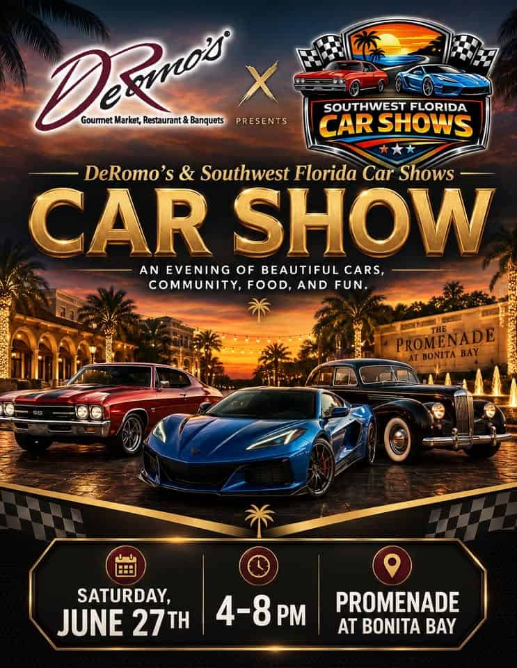 The Promenade at Bonita Bay Car Show event at 26795 S Bay Rd in Bonita Springs, FL on June 27, 2026