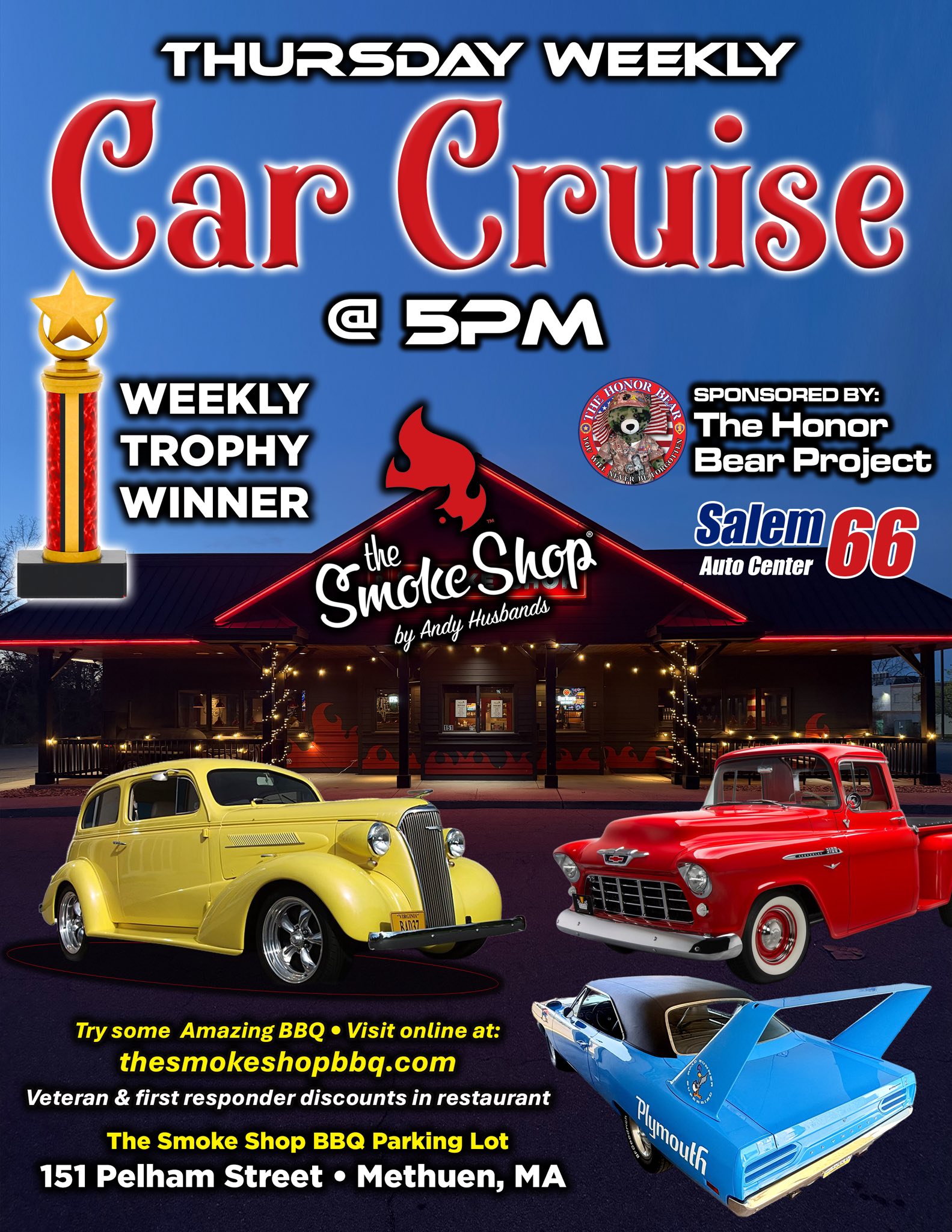 The Smoke Shop Car Cruise event at The Smoke Shop BBQ Parking Lot in Methuen, MA on June 3, 2026