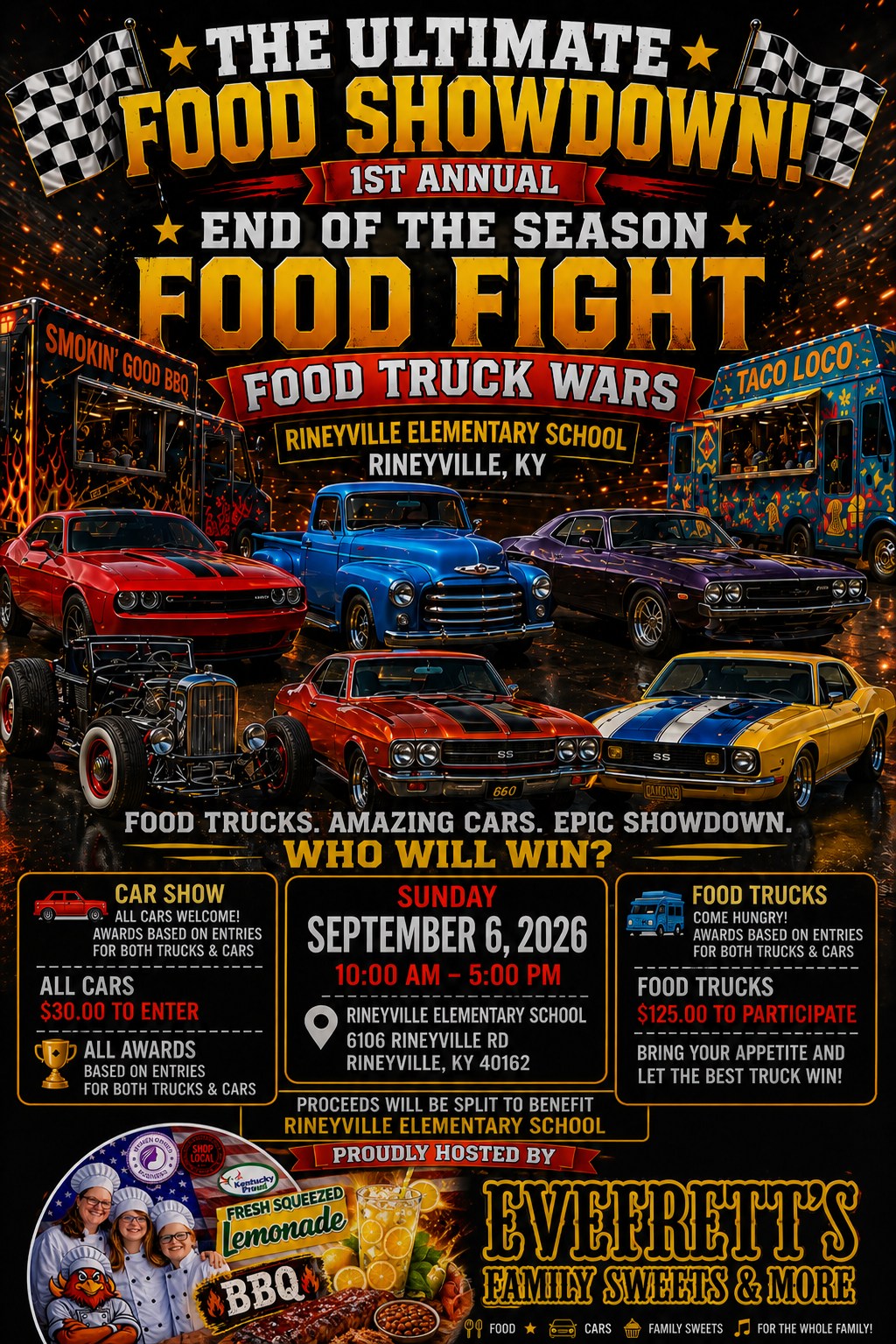 The Ultimate Food Showdown! 1st Annual End Of The Season Food Fight Food Truck Wars event at Rineyville Elementary School in Rineyville, KY on September 6, 2026