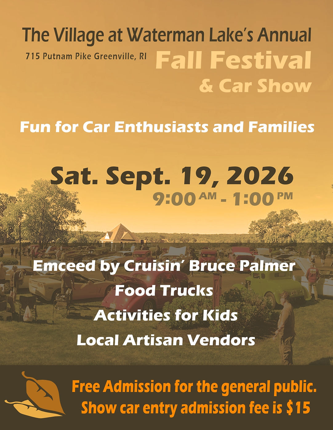 The Village at Waterman Lake's Annual Fall Festival & Car Show event at 715 Putnam Pike in Greenville, RI on September 19, 2026