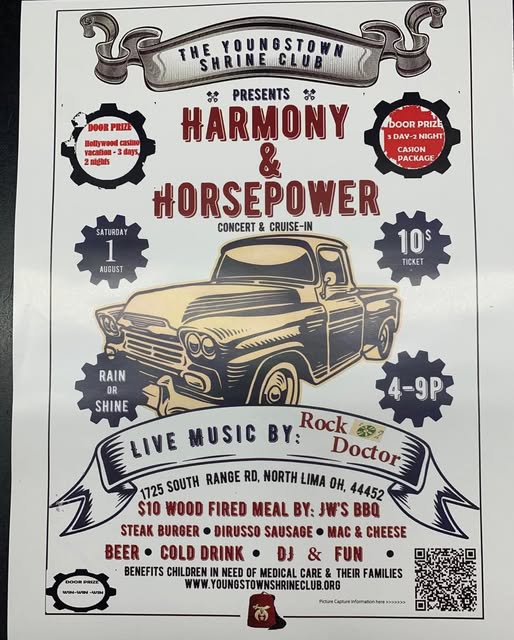 The Youngstown Shrine Club Presents Harmony & Horsepower Concert & Cruise-In event at 1725 South Range Rd in North Lima, OH on August 1, 2026