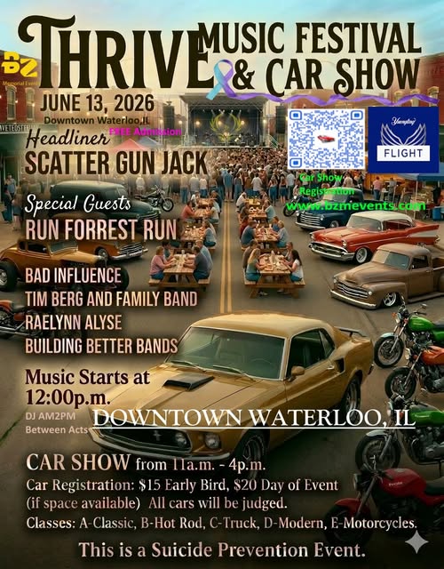 Thrive Music Festival & Car Show event at Downtown Waterloo, IL in Waterloo, IL on June 13, 2026
