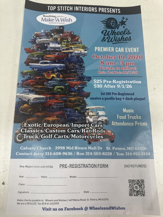 Top Stitch Interiors Presents Wheels & Wishes Premier Car Event event at Calvary Church in St. Peters, MO on October 10, 2026