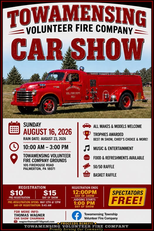 Towamensing Volunteer Fire Company Car Show event at Towamensing Volunteer Fire Company Grounds in Palmerton, PA on August 16, 2026