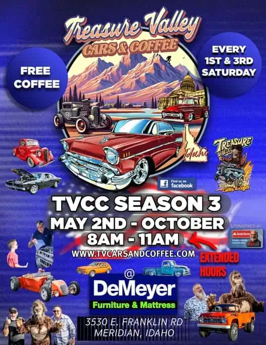 Treasure Valley Cars & Coffee event at DeMeyer Furniture & Mattress in Meridian, ID on May 2, 2026