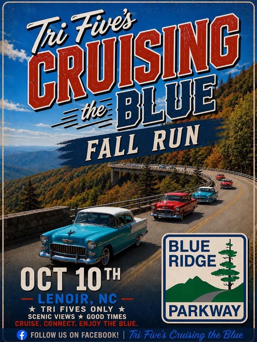 Tri Five's Cruising The Blue Fall Run event at Blue Ridge Parkway in Lenoir, NC on October 10, 2026