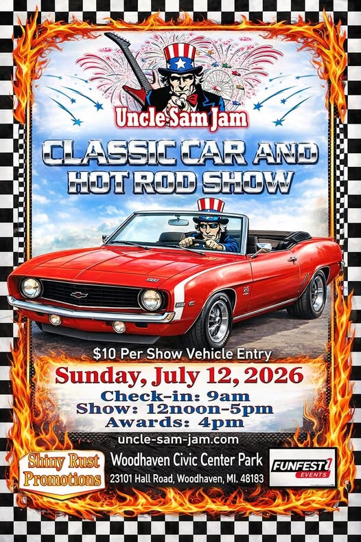 Uncle Sam Jam Classic Car And Hot Rod Show event at Woodhaven Civic Center Park in Woodhaven, MI on July 12, 2026