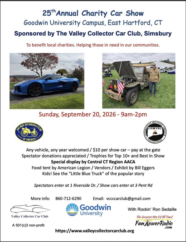 Valley Collector Car Club 25th annual car show event at Follett in East Hartford, CT on September 20, 2026