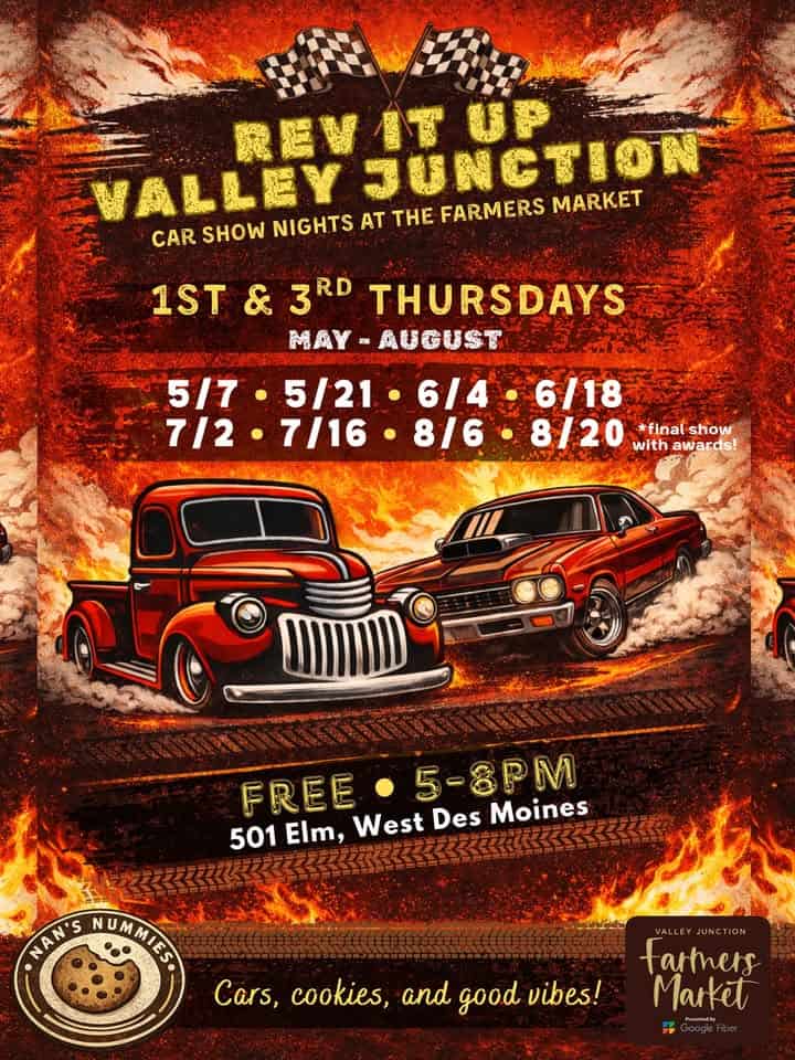 Valley Junction Farmers Market Car Show event at 501 Elm St in West Des Moines, IA on June 4, 2026