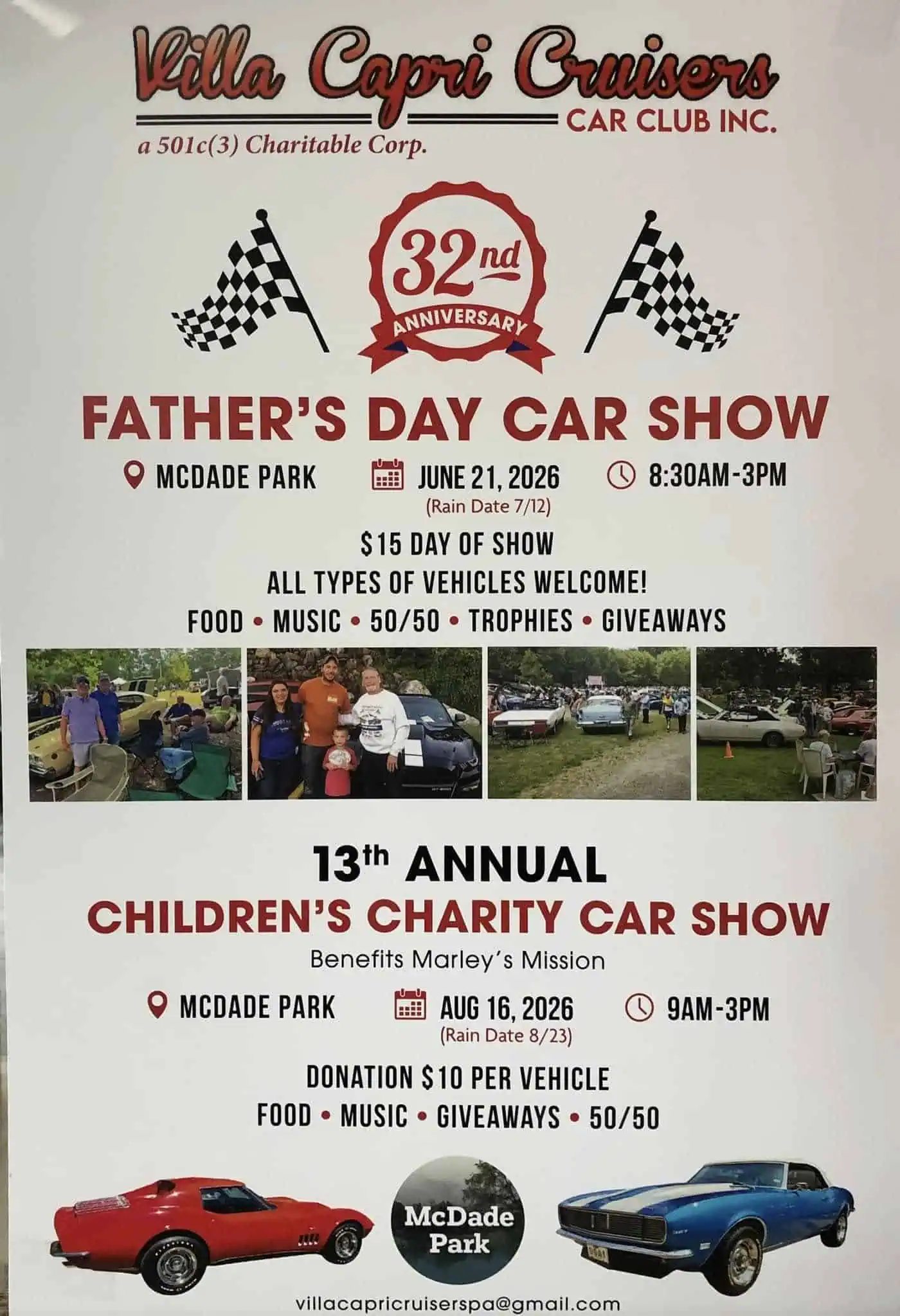 Villa Capri Cruisers Car Club Inc. 32nd Anniversary Father's Day Car Show event at Mcdade Park in Scranton, PA on June 21, 2026