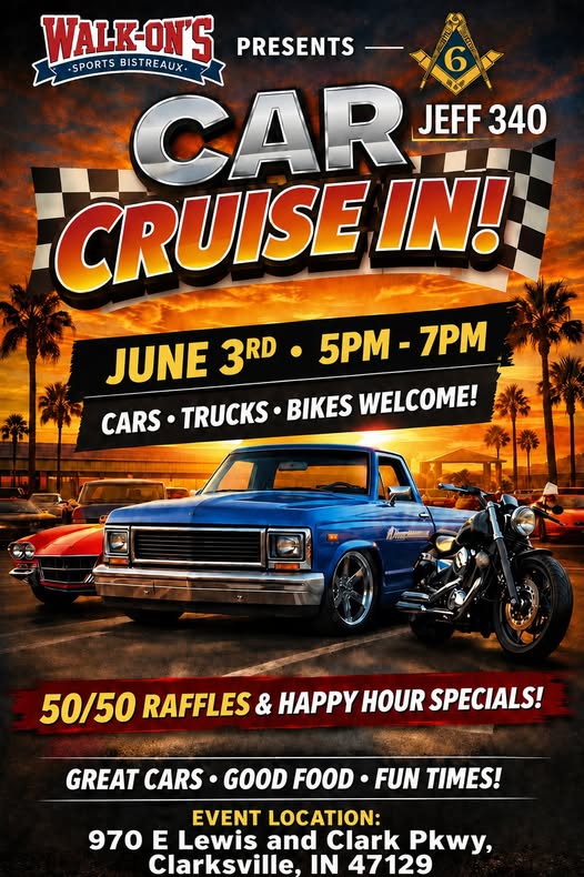 Walk-On's Car Cruise IN! event at 970 E Lewis And Clark Pkwy in Clarksville, IN on June 3, 2026
