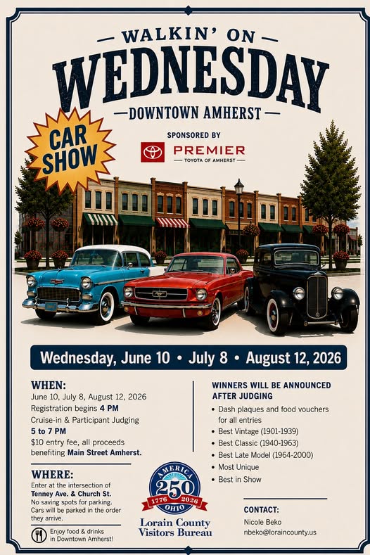 Walkin' on Wednesday Downtown Amherst Car Show event at Downtown Amherst in Amherst, OH on June 10, 2026