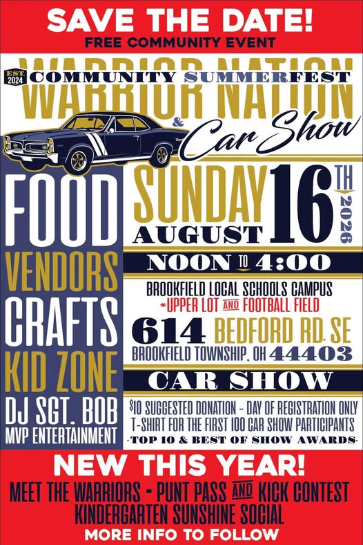 Warrior Nation Community Summerfest Car Show event at Brookfield Local Schools Campus in Brookfield Township, OH on August 16, 2026