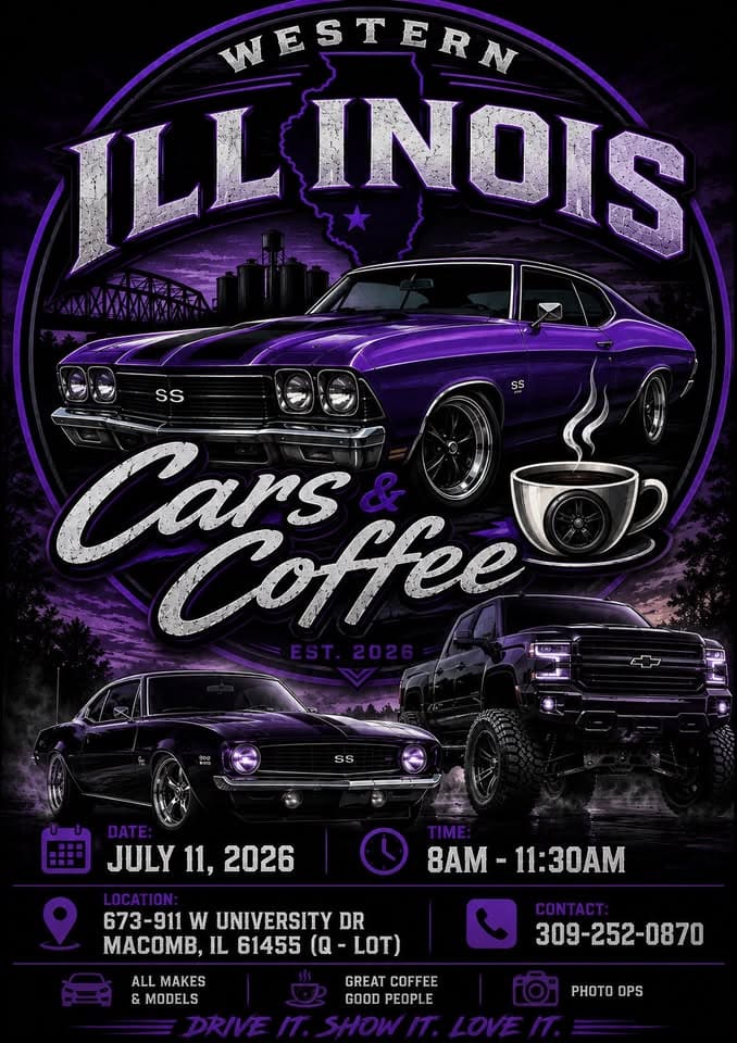 Western Illinois Cars & Coffee event at 710 University Dr in Macomb, IL on July 11, 2026