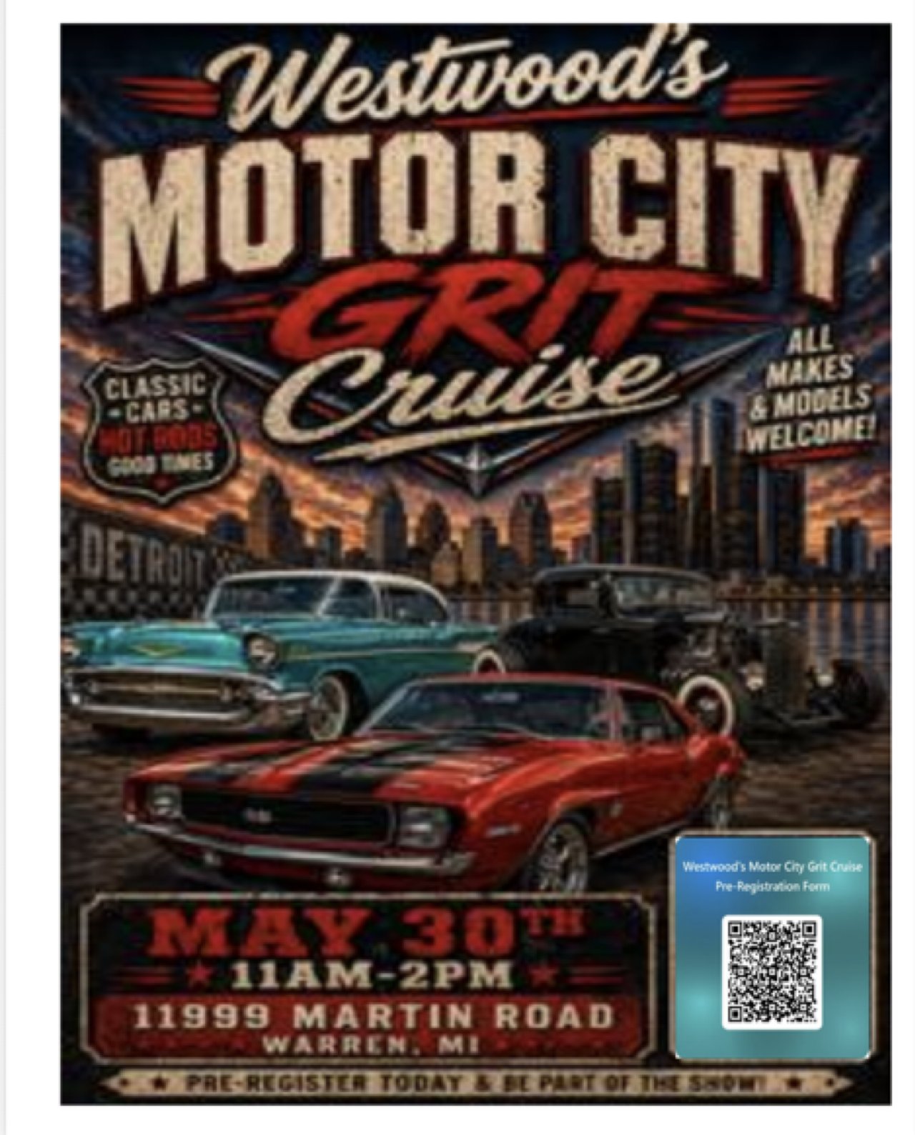 Westwood's Motor City Grit Cruise event at 11999 Martin Road in Warren, MI on May 30, 2026