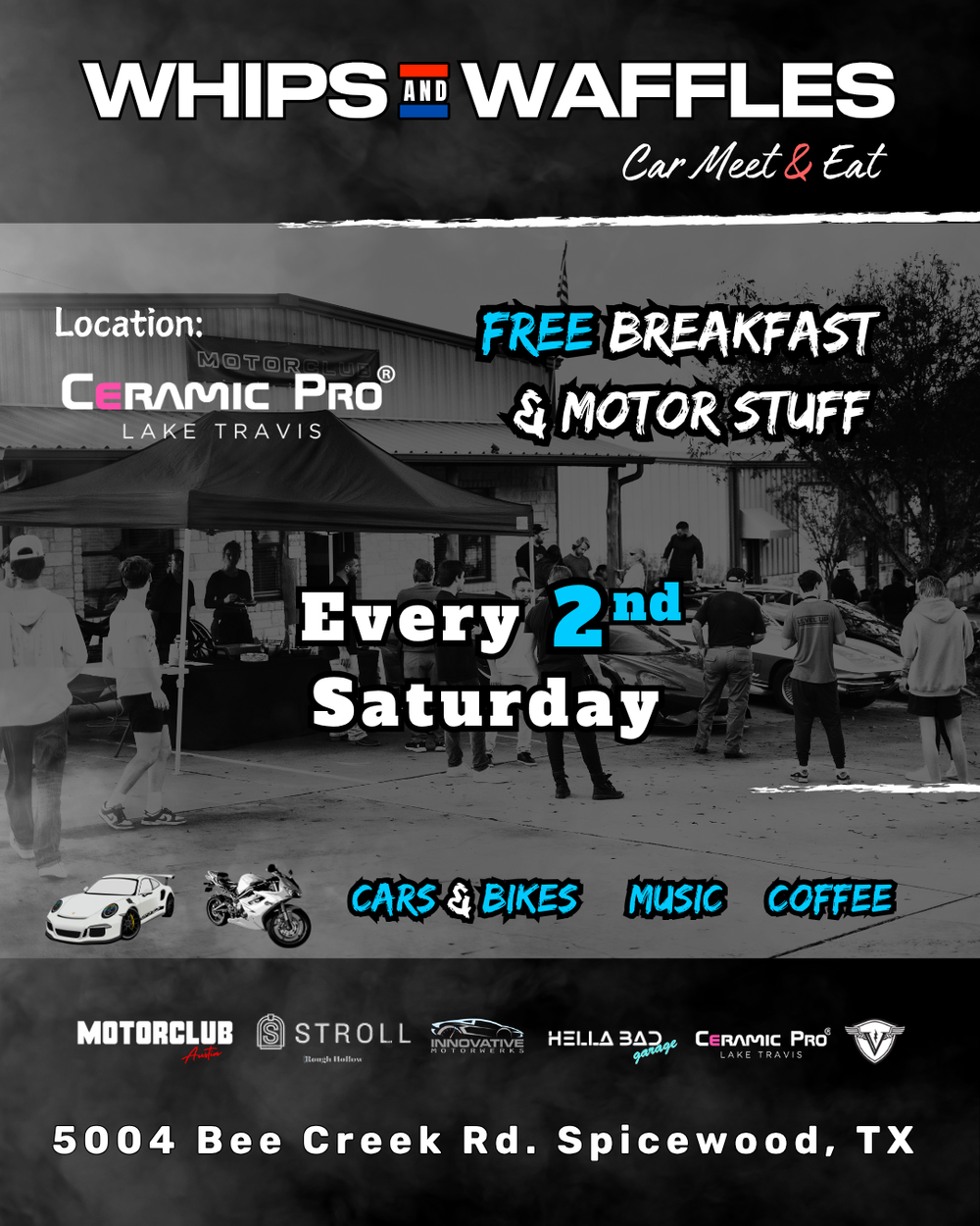 Whips And Waffles Car Meet & Eat event at Ceramic Pro Lake Travis in Spicewood, TX on May 14, 2026